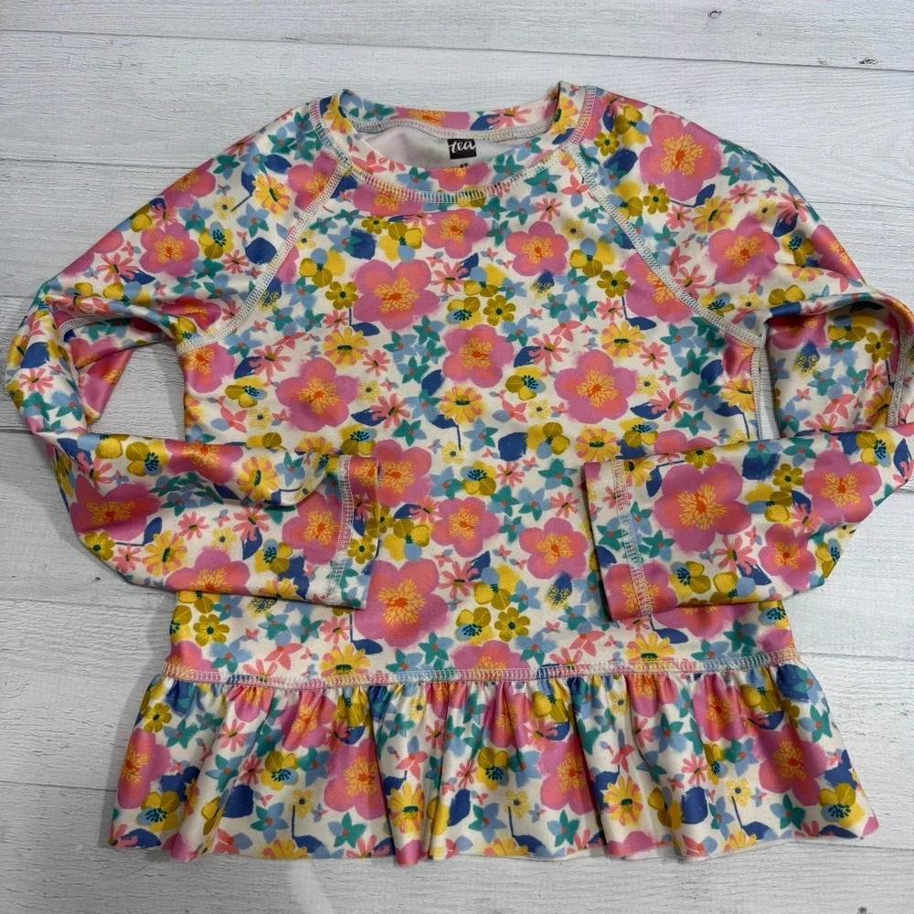 Tea collection girls floral two piece long‎ sleeve rashguard swimsuit size 3